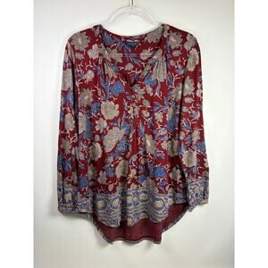 Lucky Brand Red Blue Floral Boho Printed Long Sleeve Button Up Blouse Size Large